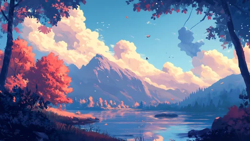 Morning light hugs a tranquil lake beneath soft mountains