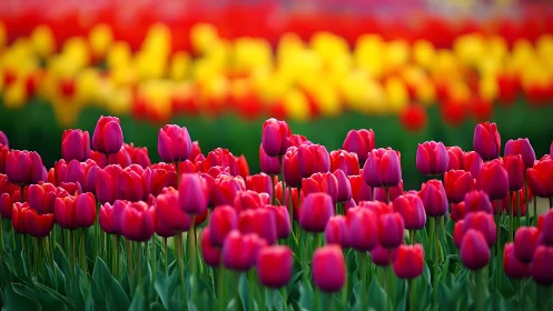 Red and Magenta Tulip Field with Yellow Backdrop Botanical Composition