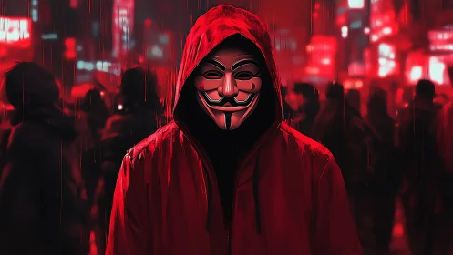 Hooded masked figure in neon-red cyberpunk city rain scene.