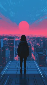 Lone rooftop figure faces neon city under synthetic sun.