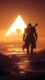 Silhouetted sci fi wanderer before radiant triangular portal