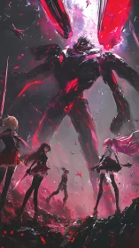 Armored heroines confront towering crimson mecha titan