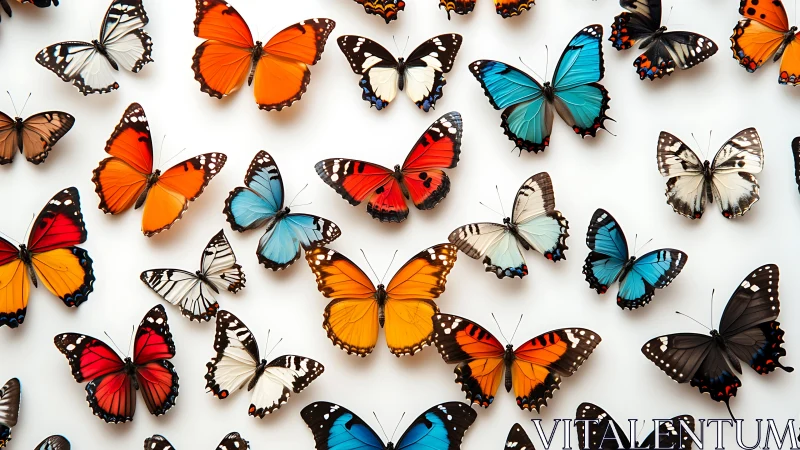 Color-saturated butterfly collection on pristine white backdrop.