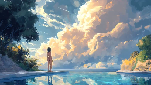 Solitary figure by pool under vast clouded sky.