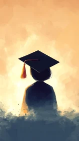 Solitary graduate silhouette emerging through soft dawn light.