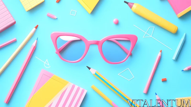 Pink Retro Sunglasses and Colorful Stationery, Pop Art Style.