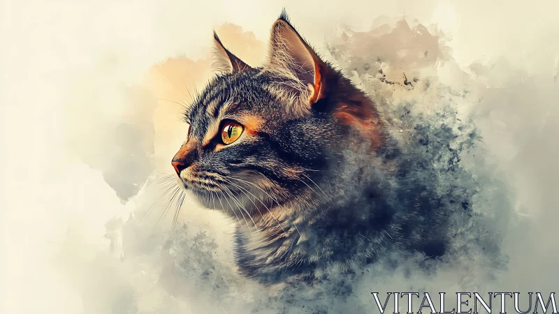 Tabby Cat Portrait with Watercolor Dissolution Effect.