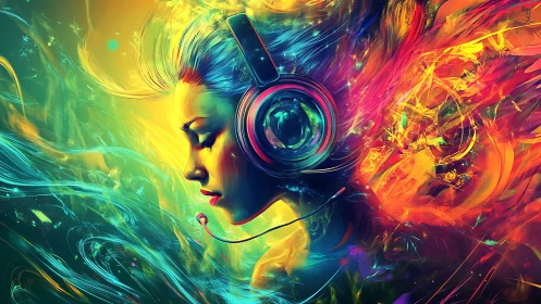 Psychedelic side-profile portrait of female DJ with headset