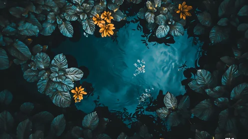 Topographic leaf ring encircling cyan aquatic negative space.