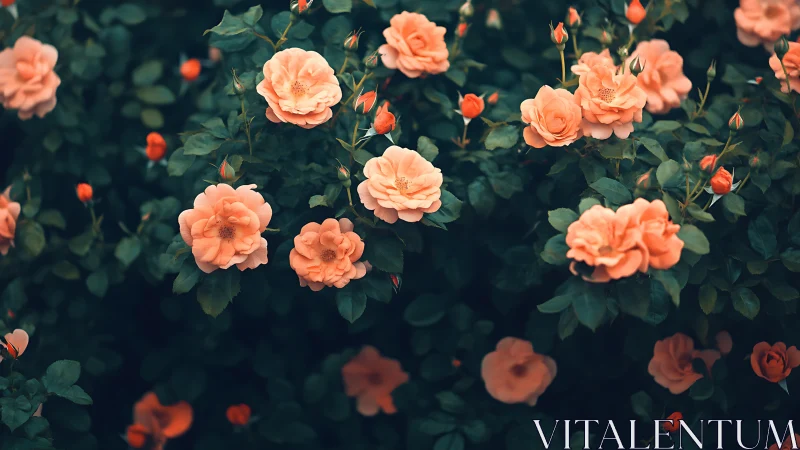 Coral Rose Reverie: Bloom-Studded Garden Tapestry.