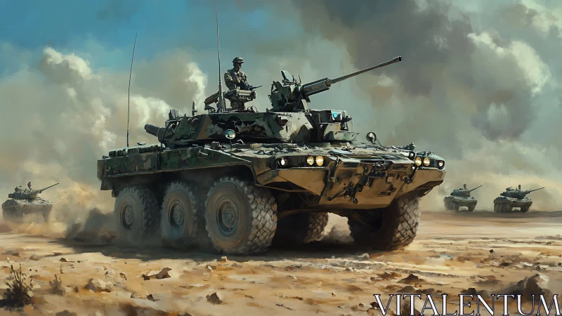 Armored scout vehicle charges through desert battlefront.
