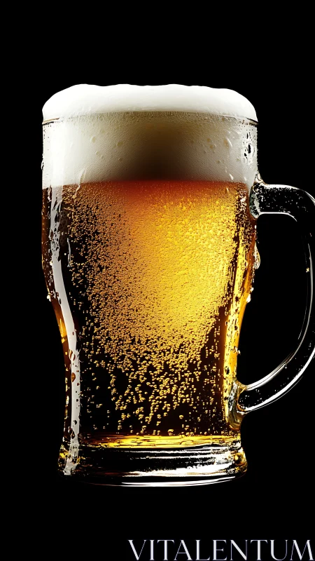 Golden bubbles climb as a frosty beer mug owns the dark