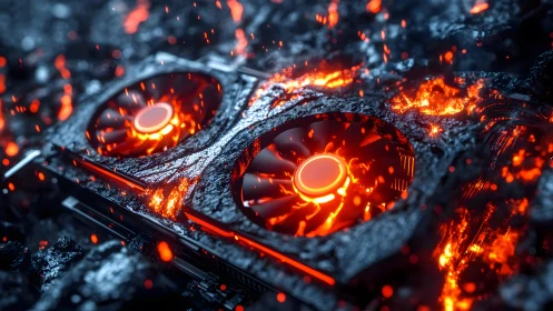 Gaming graphics card melting in lava, digital art with vibrant colors.