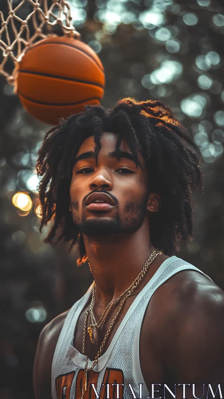 Basketball player under hoop in warm evening bokeh light