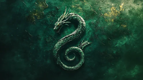 Emerald serpentine dragon coils over textured verdigris field