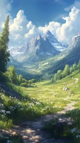 Mountain valley landscape shows detailed digital environment