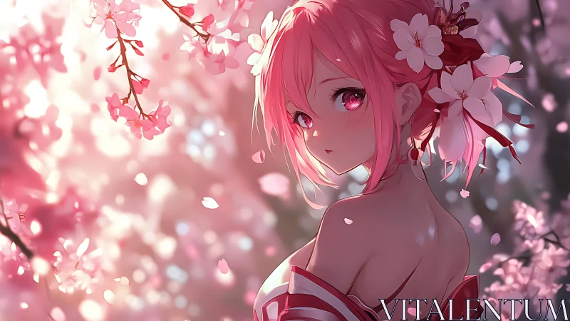 Blossom-lit gaze lingers beneath a storm of pink petals