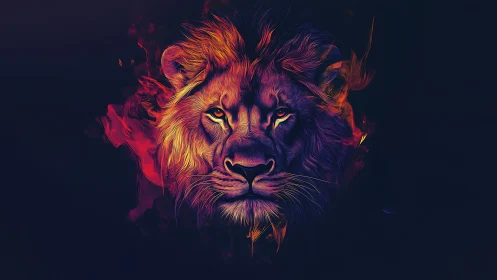 Neon lion portrait with fiery gradients on black field.