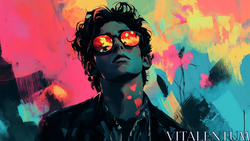 Portrait shows young man in sunglasses against neon abstract