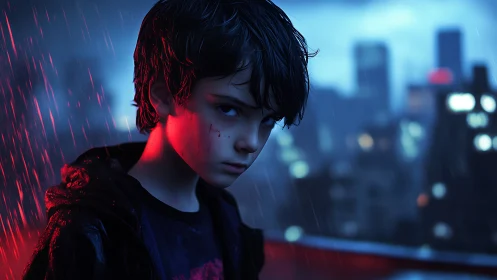 Brooding boy in neon rain overlooking blurred city at night.