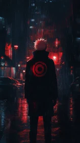 Backlit lone figure in neon rain-soaked alley with red emblem coat