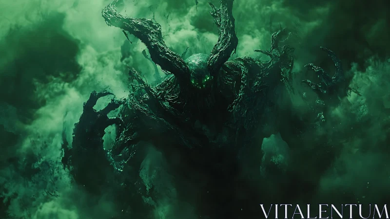 Shadowy arboreal entity emerging within dense green fog.