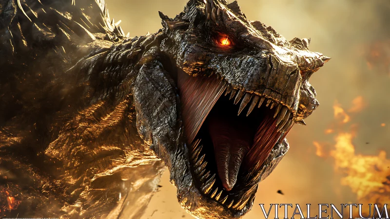 Roaring dragon head with molten scales and fiery background.
