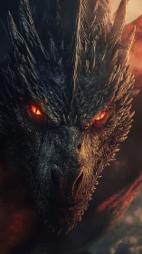 Fiery eyed dragon emerges from shadows in molten light