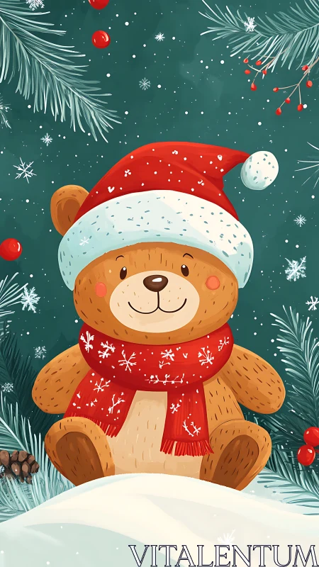 Winter holiday teddy bear illustration with Santa hat and scarf