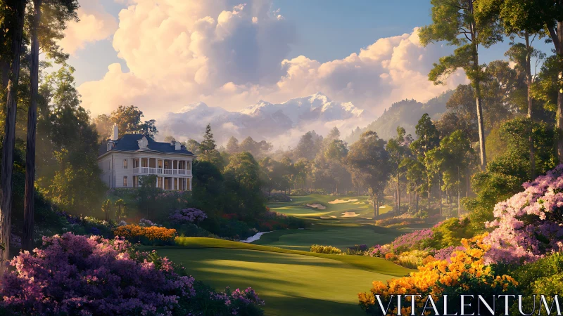 Colonial house above landscaped golf course at sunrise.