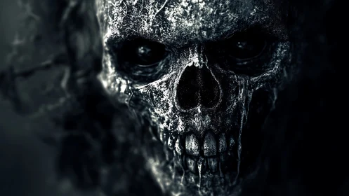 Corroded skeletal visage in high-contrast monochrome horror study.