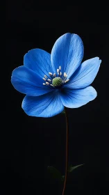 Blue Cosmos Flower with Delicate Petals Against Black Background.