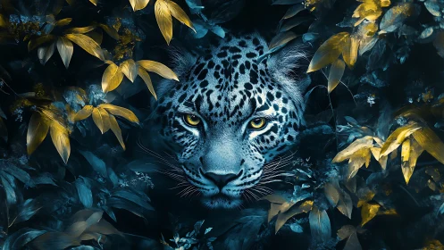 Blue Leopard Eyes Gleam Through Golden Autumn Foliage