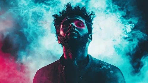 Neon-lit portrait immersed in cyan and magenta haze.