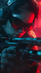 Tactical sniper portrait rendered in neon red cyan lighting