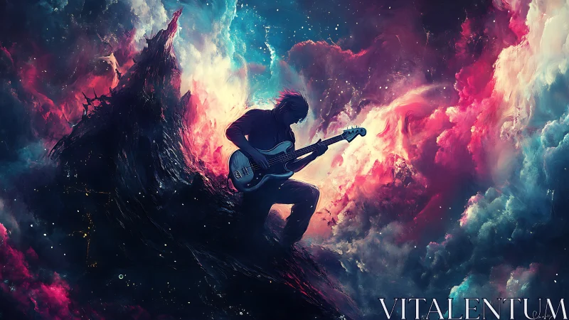 Cosmic bassist shredding riffs across a nebula storm.