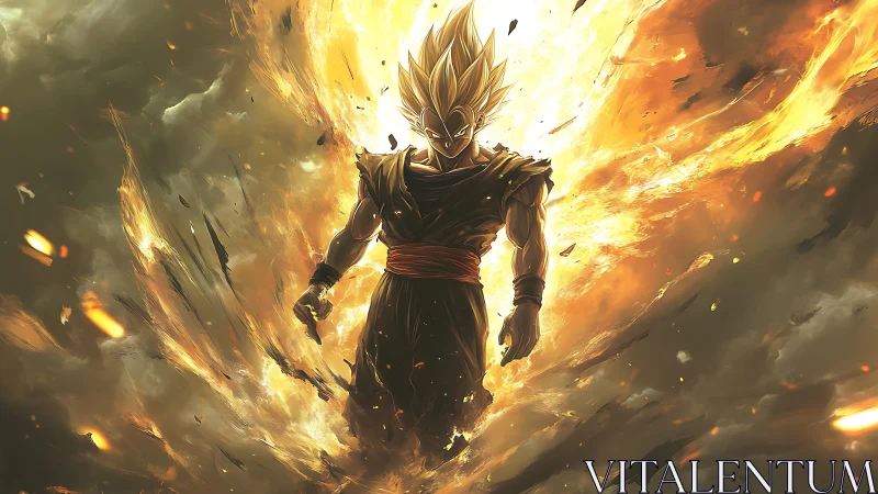 Fiery warrior rising through stormlit skies of power.