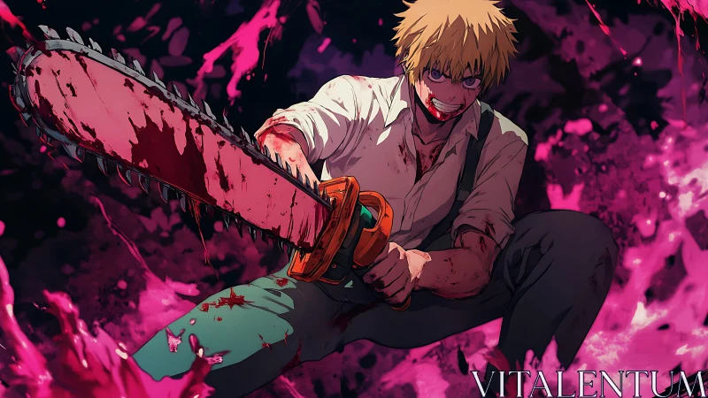 Intense chainsaw fighter leaping through vivid pink chaos.
