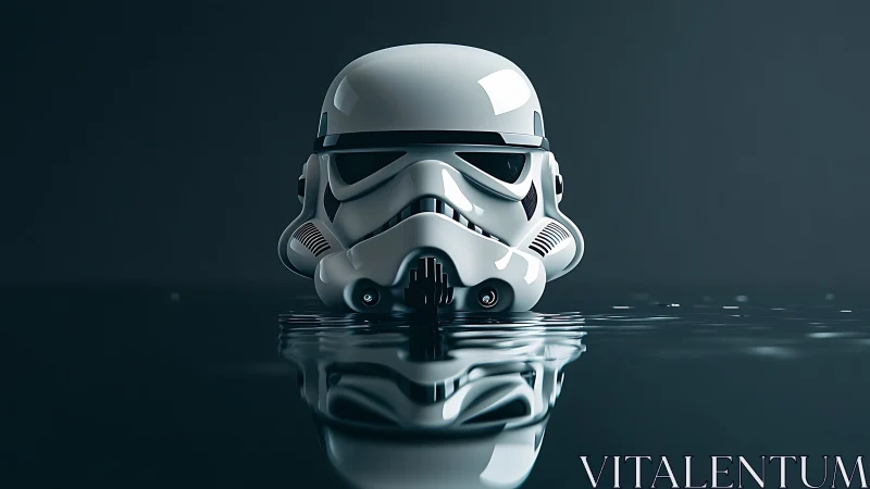 Glossy white sci fi helmet rests calmly above quiet water
