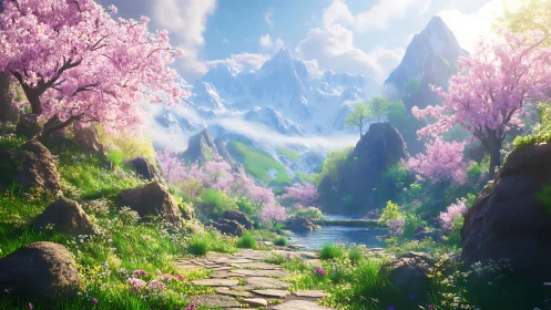 Springlit mountain path humming beneath cherry clouds.