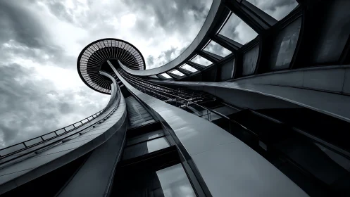 Futuristic tower curves slice stormy monochrome sky. Period.