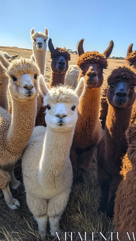 Curious alpaca herd gathers under bright open farmland sky