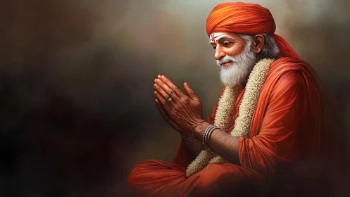 Elderly Hindu guru in orange robes with folded hands.