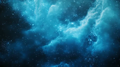 Luminous blue nebula drifts through a deep star-filled cosmos