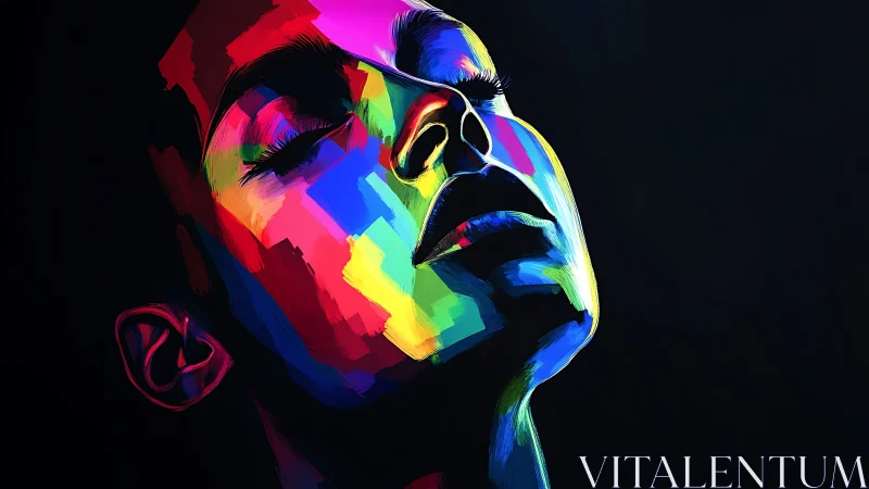 Neon-lit portrait isolates serene face in deep darkness.