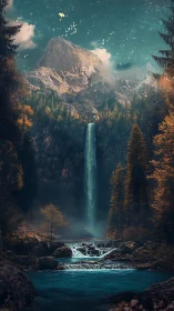 Mystic mountain waterfall under a glittering teal night sky.