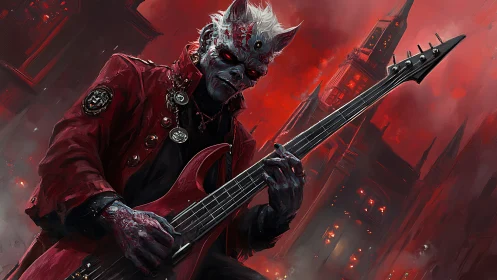 Demon bass virtuoso shredding under a blood red skyline.