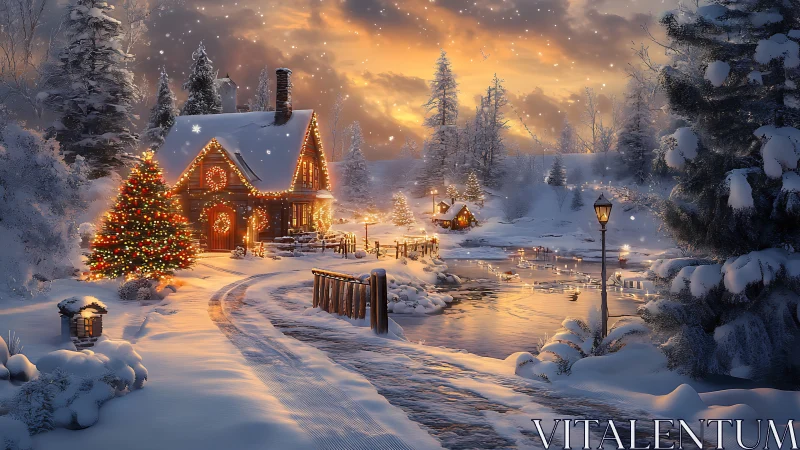 Cozy winter cottage glowing beside a peaceful snowy river.