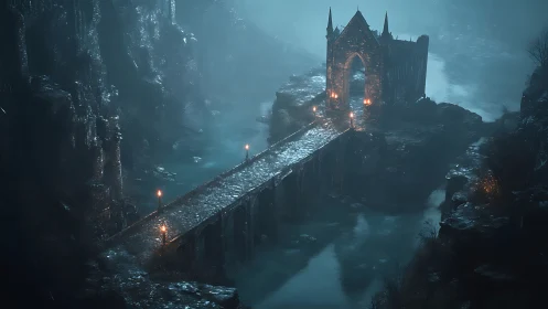 Gothic stone bridge leads toward misty riverside chapel