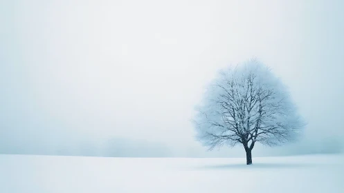 Lone frost covered tree stands in a flat snow covered field